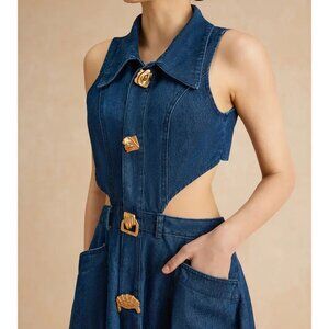 Cutout Waist Slit Hem Sleeveless Denim Dress